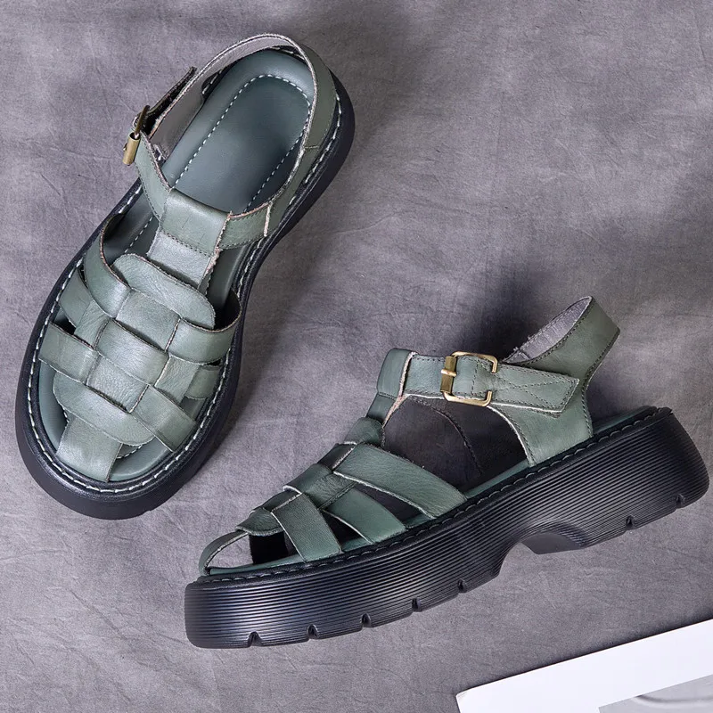 AIYUQI Sandals Women Summer Genuine Leather Baotou Roman Sandals Ladies Retro Hollow Woven Women Sandals