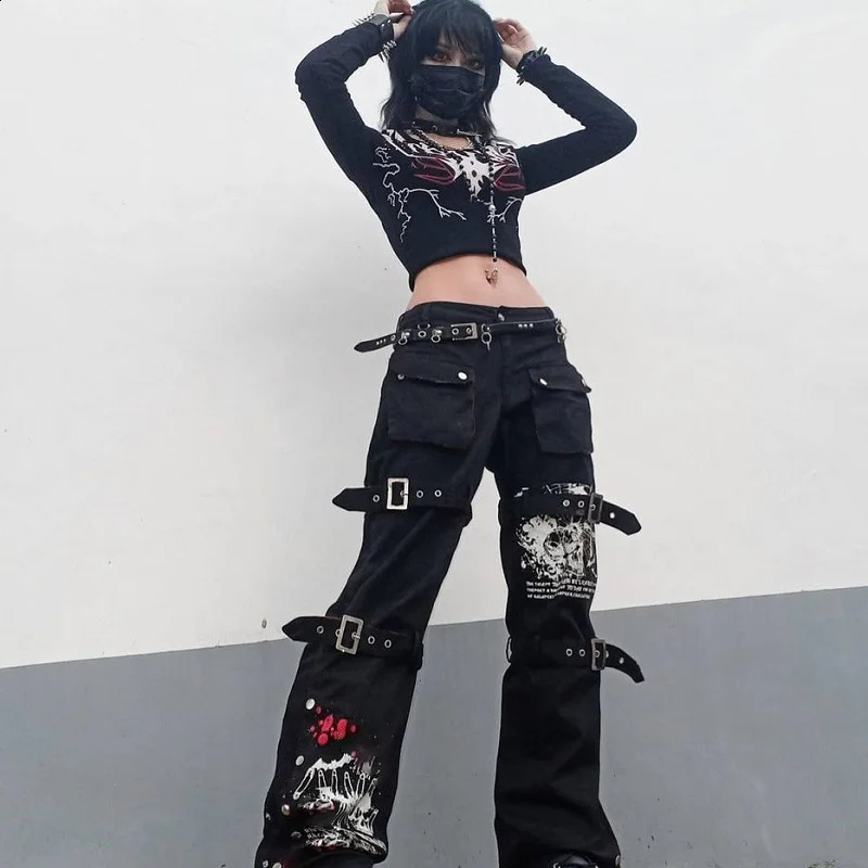 E-girl Gothic black cargo pants womens low rise jeans pants Y2K Grunge retro hip-hop punk Harajuku streetwear 241217