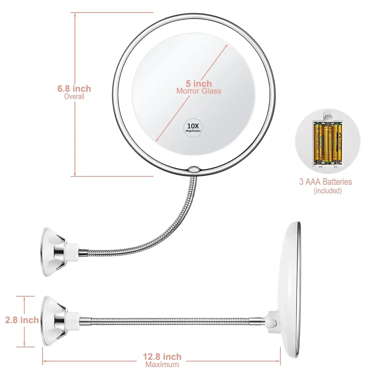Flexible Makeup Mirror with LED Light 10X Magnifying Cosmetic with Suction Cup Diffused Light 360 Degree Swivel 241217