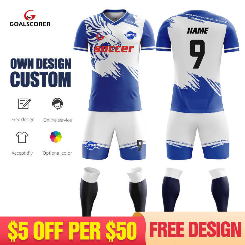 2025 Custom Sublimation 100% Polyester Retro Print Blue Youth Soccer Jersey Shirt Set Football Trining Unifrom For Adults M915