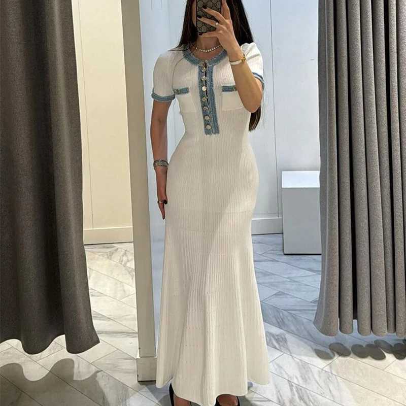 Yuoooo Brand Fashion Denim Patchwork O-neck Single Breasted Knit Maxi Dress Ele Pockets Long Shirt Dress Vacation RobesXJ241218
