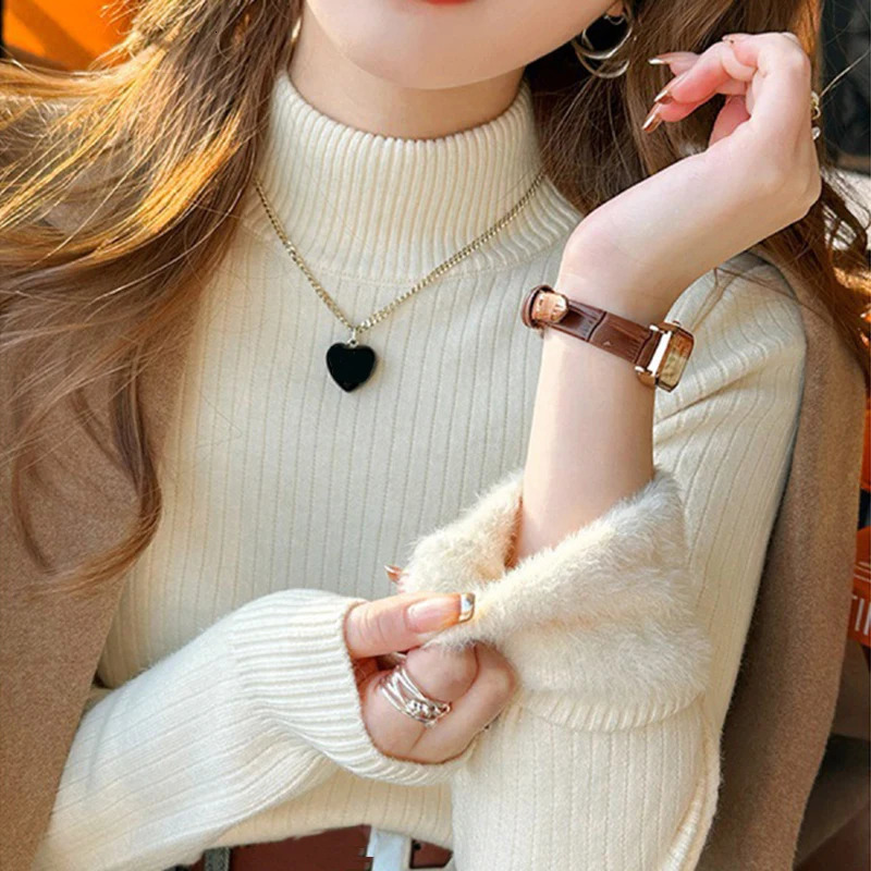 Epligg Womens Turtleneck Sweater Winter Retro Red With Velvet Lining Thickened Inner Wear Thermal Knitting Bottoming Shirt 241217