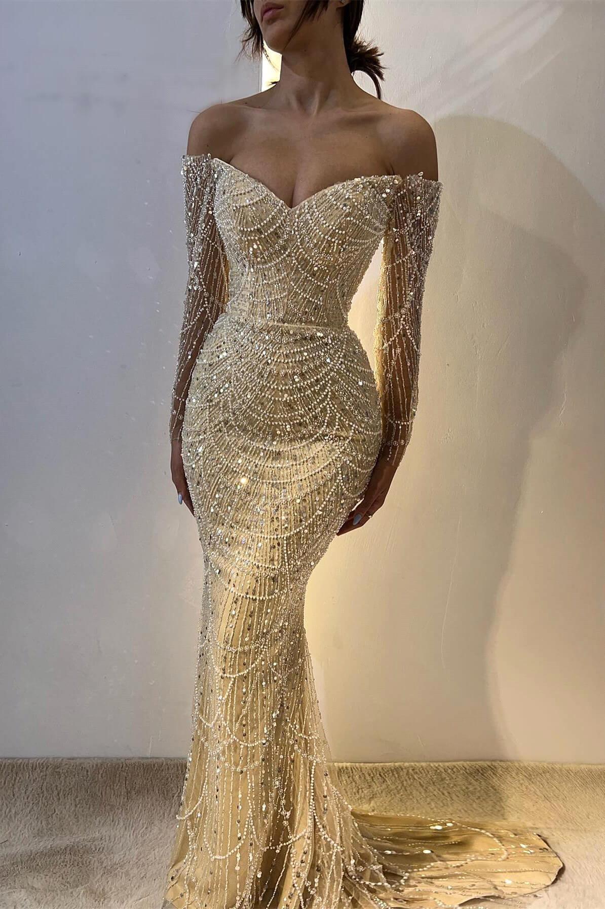 Champagne Sexy Mermaid Evening Dresses Beaded Elegant Off Shoulder Pearl Sequined Long Formal Prom Party Gowns Vestido De Gala BC18359
