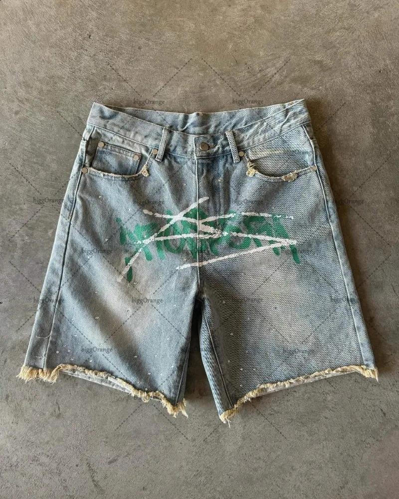 2024 Harajuku Street Hip Hop Casual Loose Straight Jeans Mens US Y2K Alphabet Printing Fashion Edition Denim Shorts 241212Z