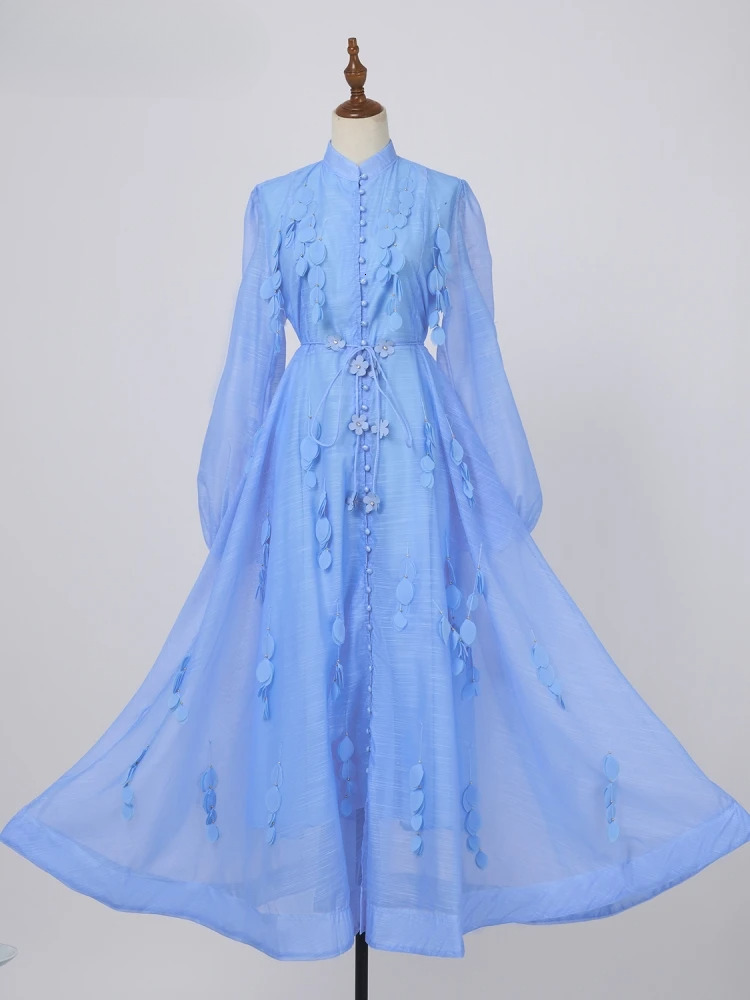2025 Spring Summer Holiday Beading Tassels Splice Organza Loose Dresses Women's Stand Lantern Sleeve Ral Lace Up Vestidos