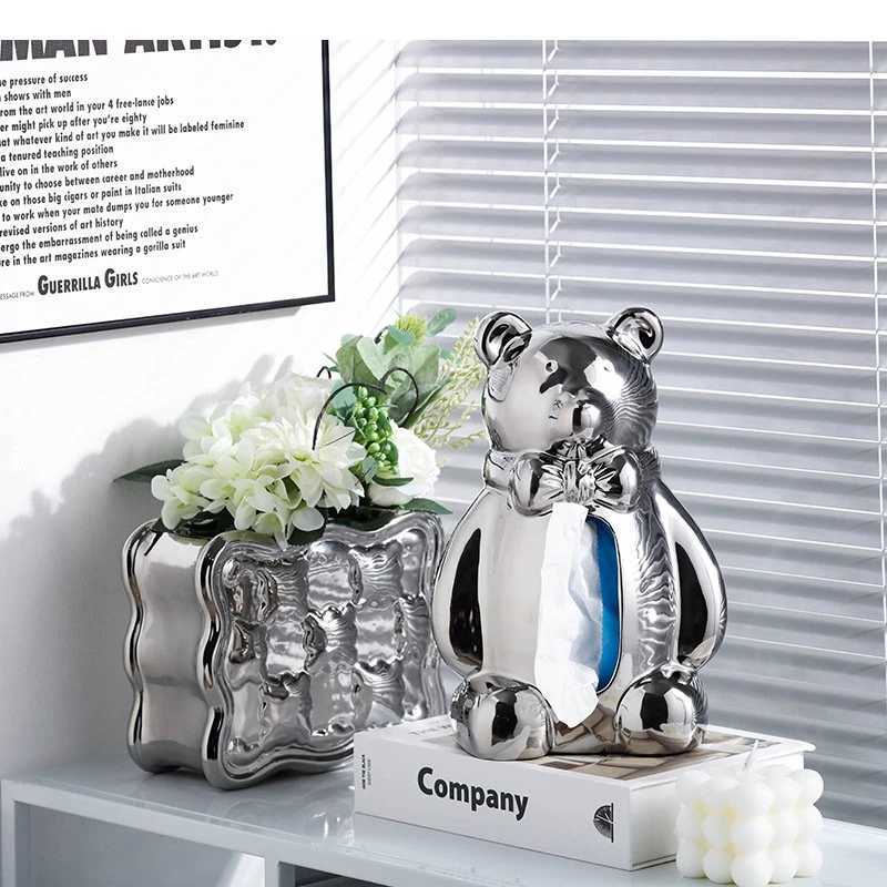 Cute teddy bear craft ceramic tissue box Nordic life Ro storage his decorative art napkin holder Y241218