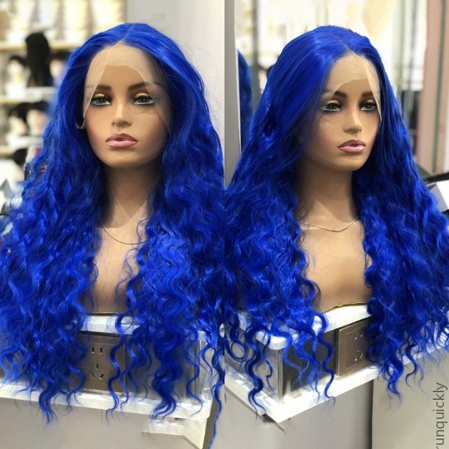 13*4 Lace Front Synthetic Deep Wave Wigs 180Density Klein Blue Curly Wig For Christmas Party Cosplay Use Heat Resistant Fiber Resemble Human Hair