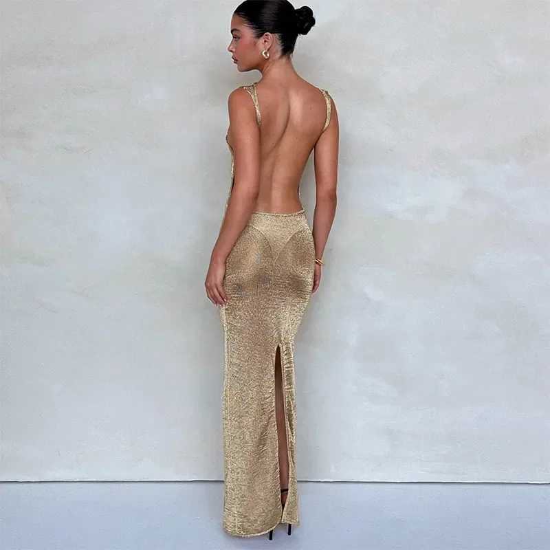 Sexy Chic Gold Sequin Open Back Long Dresses Women Wrap Hips High Waist Sveless Evening Vestidos Ele Lady Party DressXJ241218