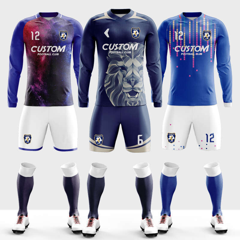 2025 Custom Sublimation 100% Polyester Retro Print Blue Youth Soccer Jersey Shirt Set Football Trining Unifrom For Adults M915
