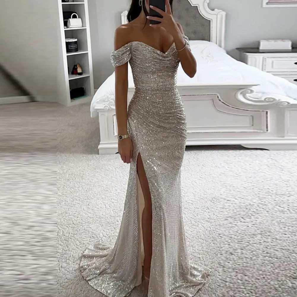 Womens V-neck shoulder long skirt with sequined pleated skirt Sve waist tight evening dress party dance party dress ultra-thin sexy split style long d