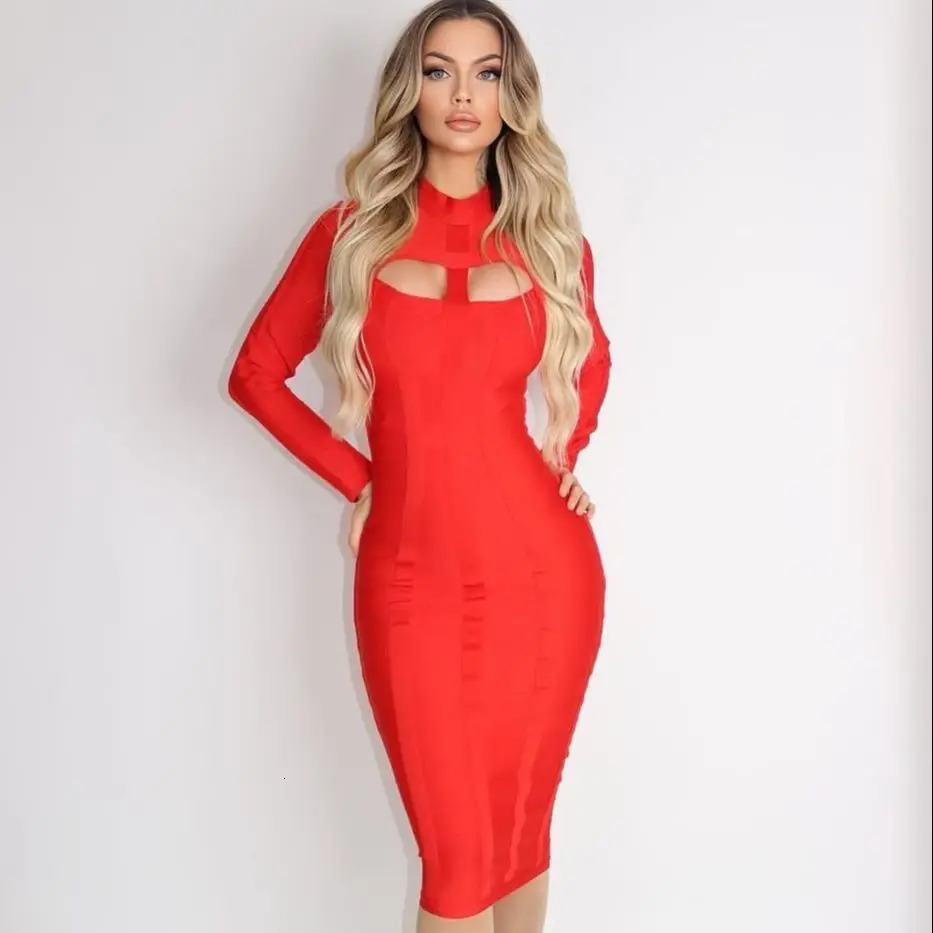 HQBORY Winter Long Sleeves sexy Hollow Out Knitted Bandage Dress midlength Women Hole Cut Black Bodycon Vestidos Red XL 241218