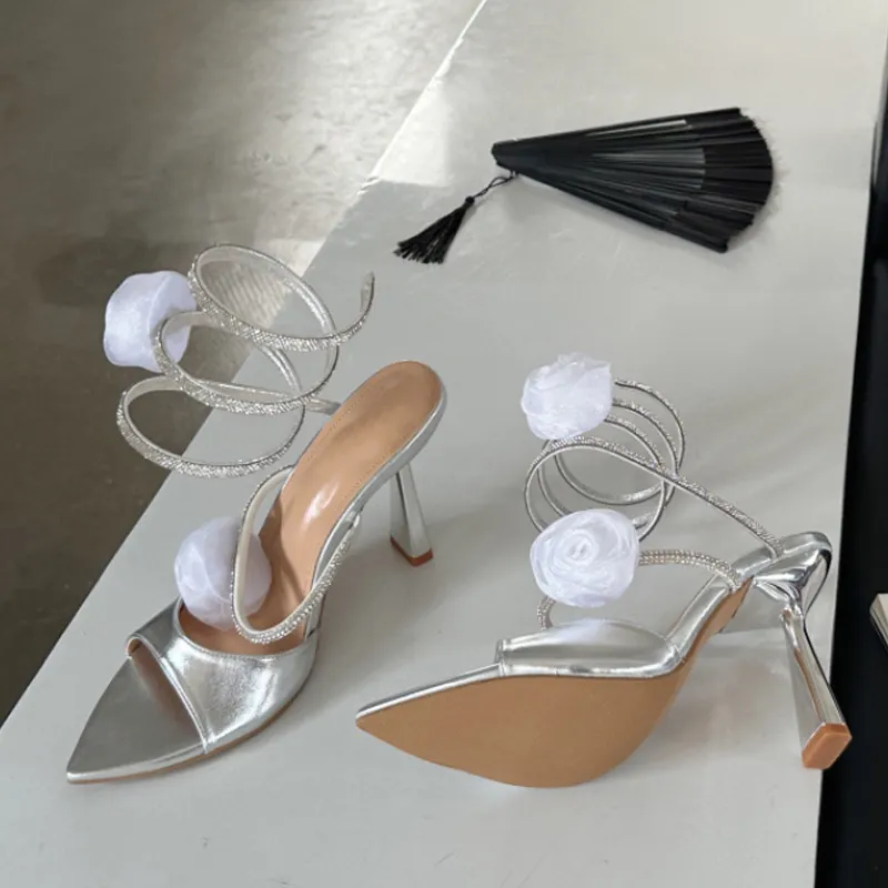 Liyke Summer Fashion Rhie Ankle Snake Twine Around Women Thin High Heels Sandals Sexy Pointed Toe Wedding Banquet Shoes