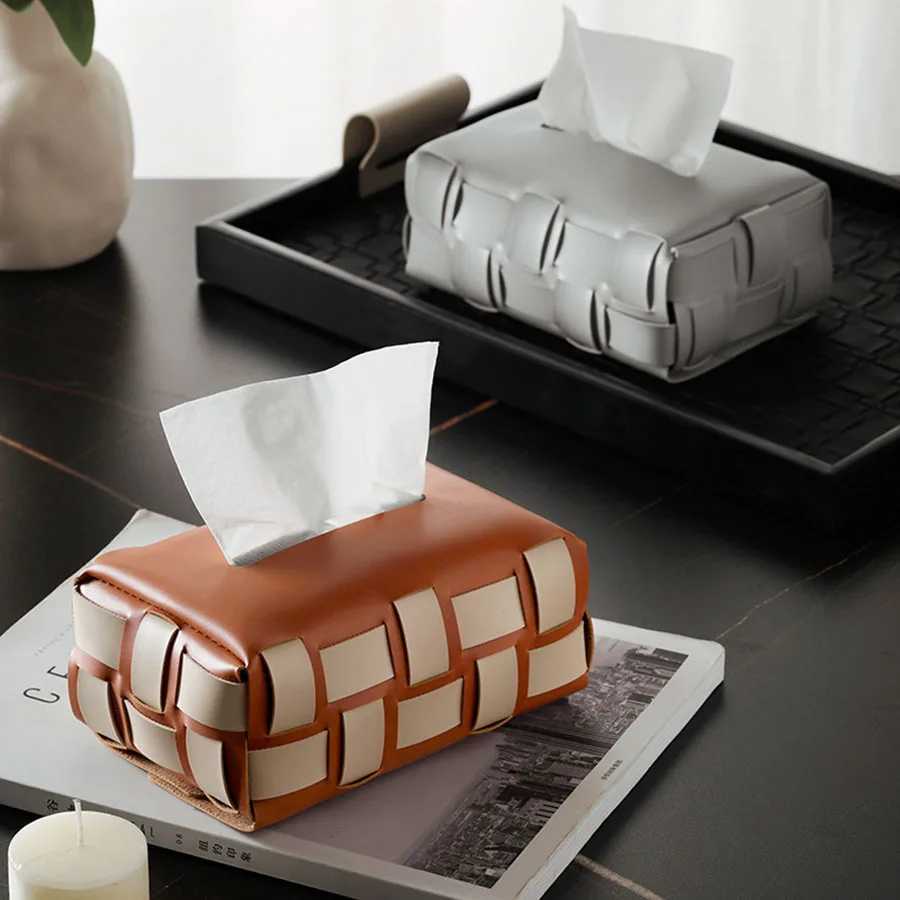 PU Leather Paper Holder Double Plaid Woven Tissue Box Luxury Desktop Napkin Organizer A Creative Handkerchief Towel Cover Y241218