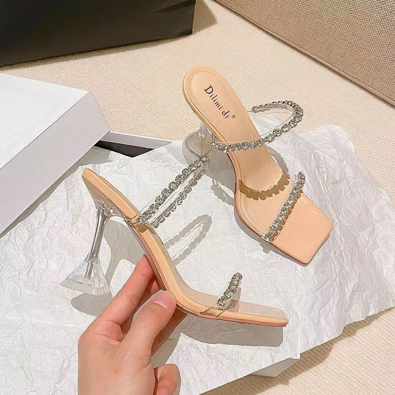 free shipping designer shoes Summer new rhinestone one-piece high-heeled sandals for women black