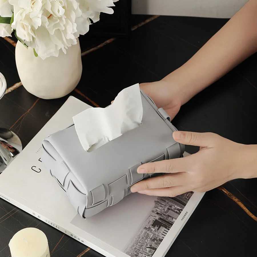 PU Leather Paper Holder Double Plaid Woven Tissue Box Luxury Desktop Napkin Organizer A Creative Handkerchief Towel Cover Y241218