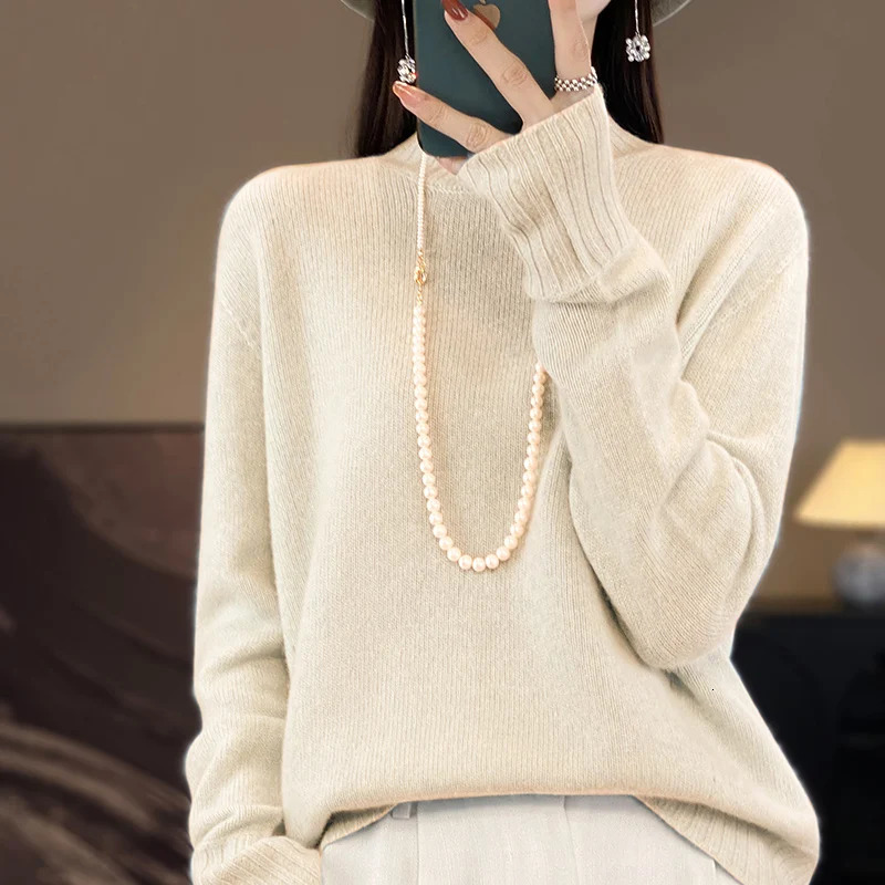 Women Fine Wool Sweater Half-high Collar Thickening Pullover Autumn Winter Cashmere Bottoming Knitwear Long Sleeve Loose Tops 241217