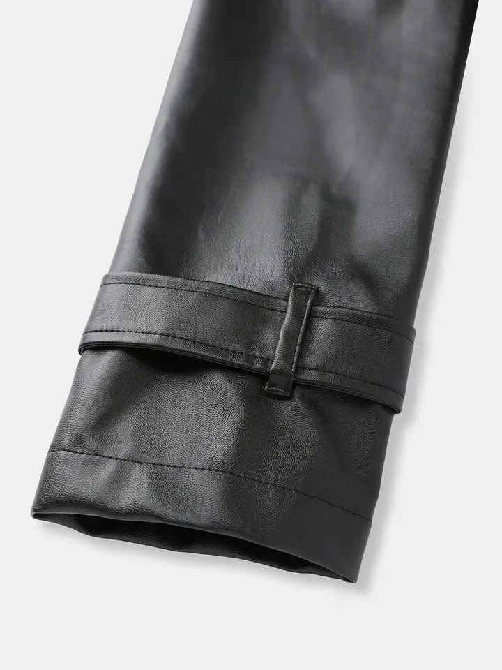 Autumn and Winter Long Womens Leather Jacket Fashionable Ladies Doublebreasted Buckle Belt Trench Coat 241217