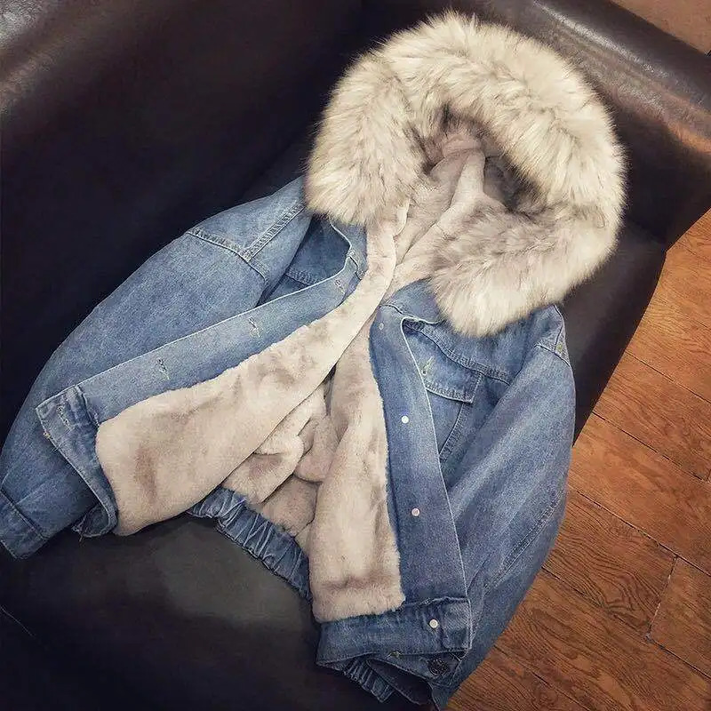 Winter Fur Oversized Jean Jacket Vintage Hooded Thick Single-breasted Lady Keep Warm Cardigan Pockets Female Denim Coat 241217