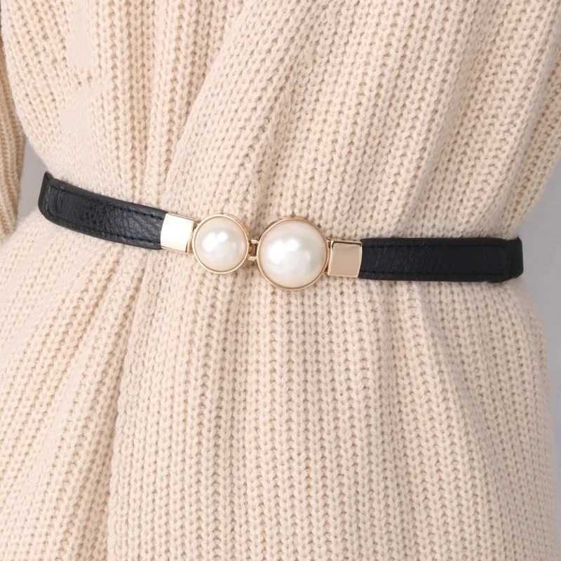 Fashion Double Pearl PU Leather Dress Tight Waist Elastic Thin Belt Womens Fashion Accessories W250326