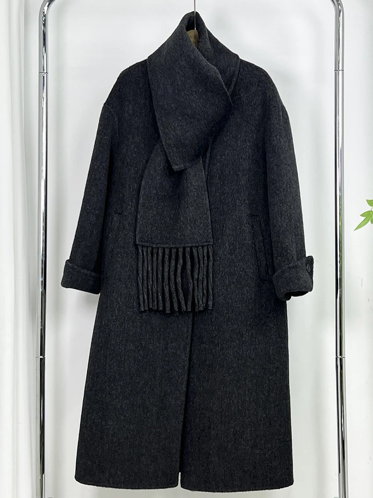 LANMREM Scarf Collar Woolen Coats Women Single Breasted Full Sleeve Solid Color Outwear Loose Female Clothing 32S023 241217
