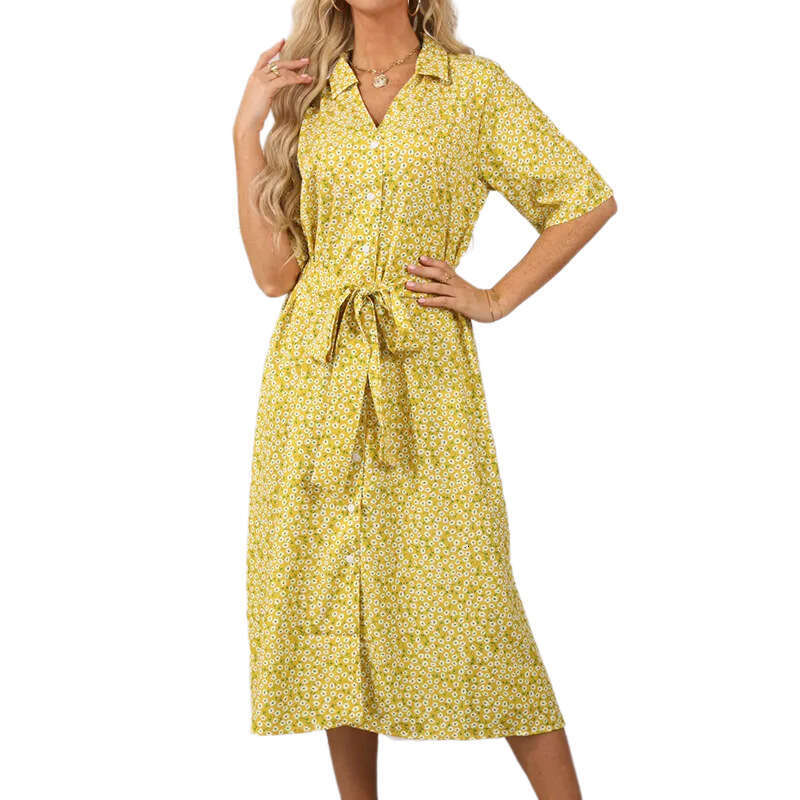 New Printed Dress With Lapel, Short Sleeved, Ral Mid Skirt, Temperament For Commuting, European And American Style, Fashionable Quality, Classic