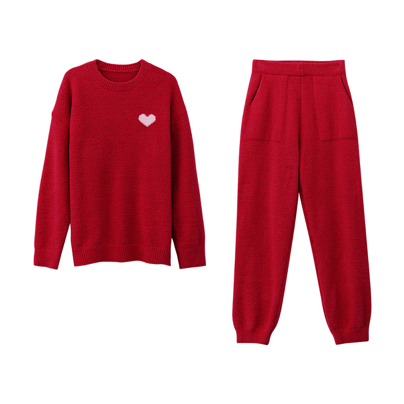 Z2-Home clothes suit with thickened ankles and warm skin-friendly round neck autumn and winter long-sleeved half-flannel pajamas for women