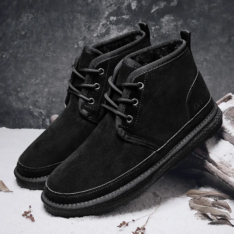 Winter Men Shoes Warm Fur Snow Boots Waterproof Suede Furry Leather Ankle Chelsea Boots Male Fluffy Plush Shoes Outdoor Footwear