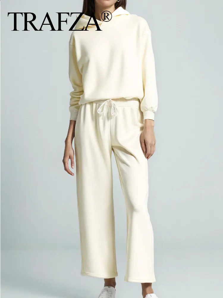 TRAFZA Trendy Solid Sweatshirt Set For Women Long Sleeves Causal Hooded SweatshirtDrawstring High Waist Straight Pants 241217