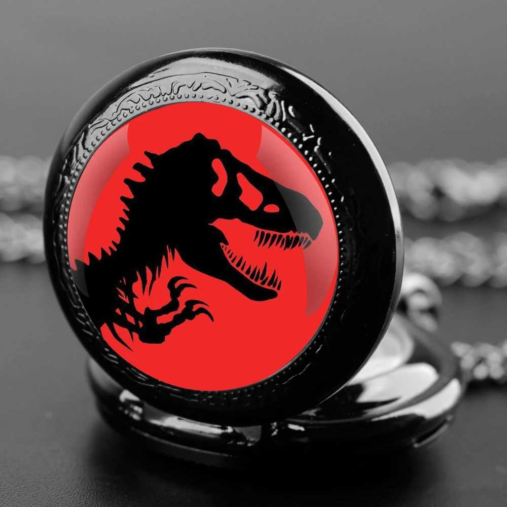 Jurassic Park Dinosaur Glass Dome Unisex Arabic Numeral Quartz Pocket Women Man Necklace Pendant Accory with Chain GiftXJ241219