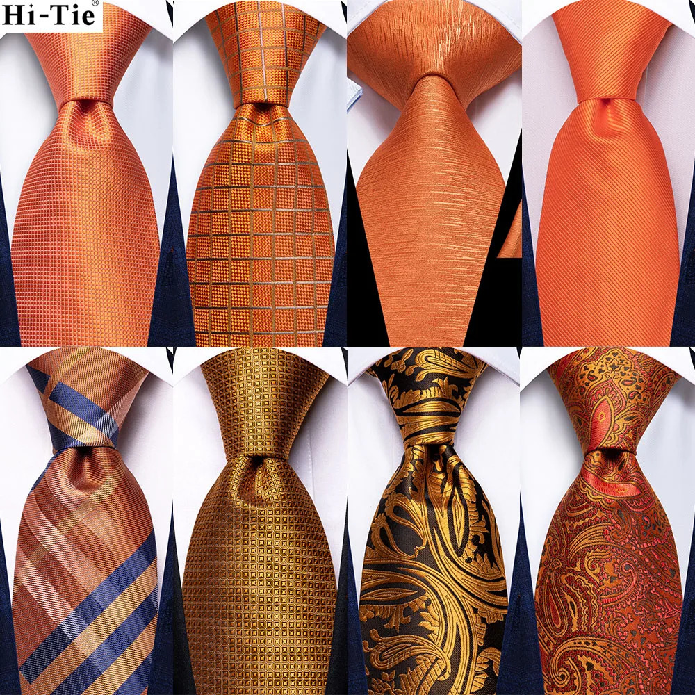 Hi-Tie Orange Paisley Silk Wedding Tie For Men Handky Cufflink Gift Mens Necktie Fashion Business Party Dropshiping 241218