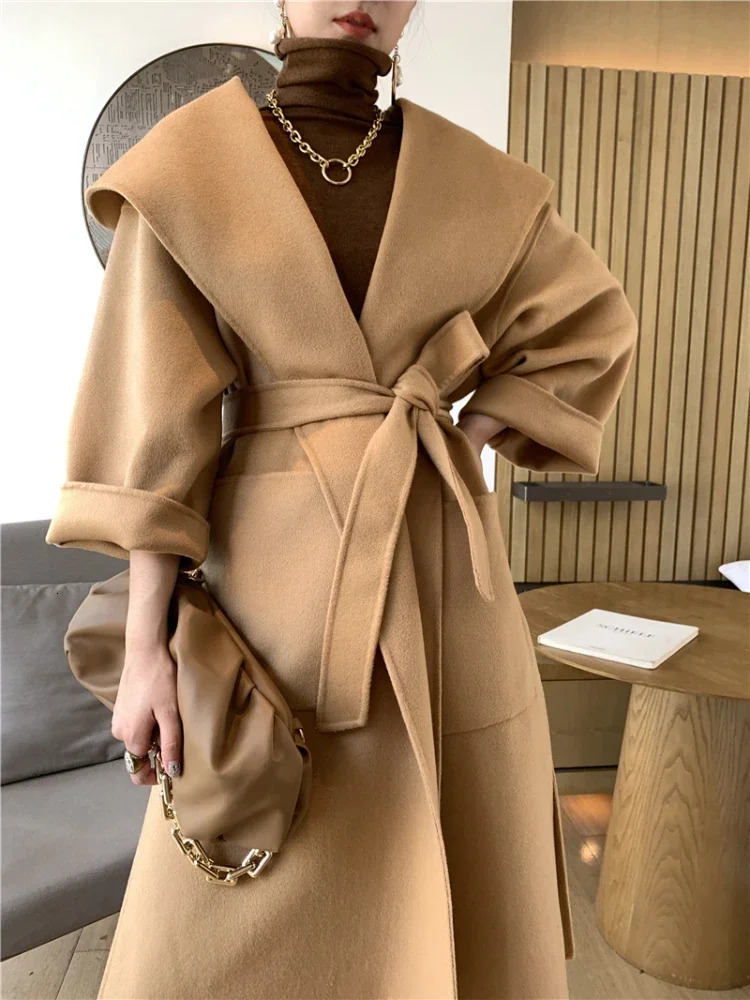Vintage Elegant DoubleSided Cashmere Coat Women Autumn Winter High Quality Hooded Thickened Large Size Loose Wool 241217