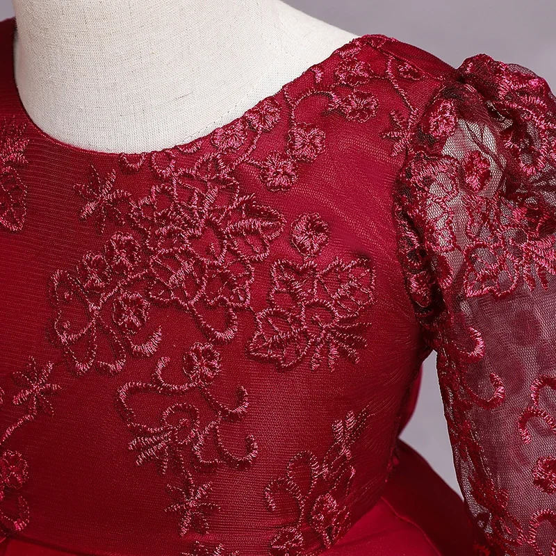 Red Birthday Princess Dress Winter Fall Baby Girl Toddler Backless Lace Wedding Flower Girl Clothes 241219