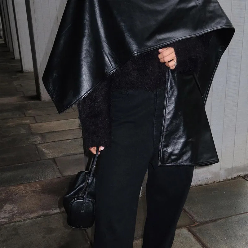 Fashion Leather Coat Women Y2k Asymmetrical Sleeveless O-neck Female Cape Jacket Female Autumn Winter Black Lady Outwear 241218