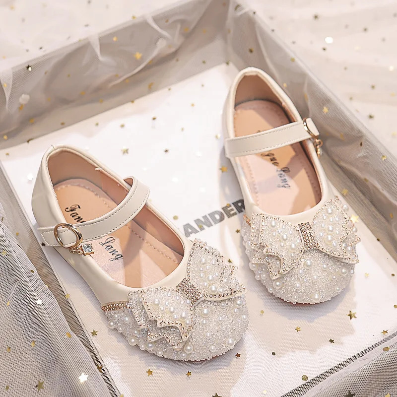 Autumn Fashion Pearl Bow Rhinestone Little Girl Shoes Flat Heels Kids Princess Shoes 241219