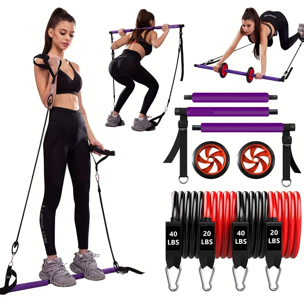 Fitness Pilates Bar Kit Resistance Bands with Ab Roller for Abs Workout Core Strength Training Equipment Portable Home Gym 241217