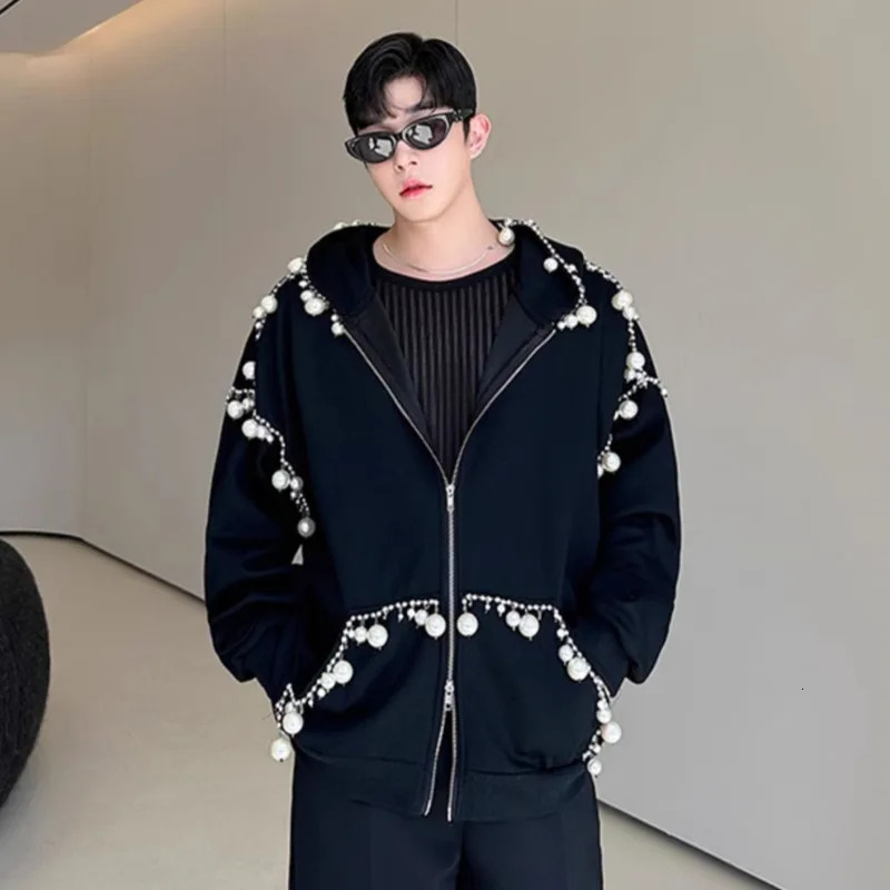 IEFB Trendy Mens Personalized Hoodies Zipper Handmade Pearl Decoration Cardigan Sweatshirt Men Autumn Hooded Jacket 9C7547 241218