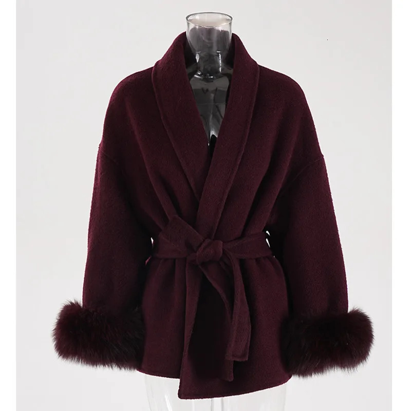 EWQ Korea Chic Flip Collar Fox Fur Doublesided Woolen Coat Elegant Wool Jacket Women Winter Brown Overcoats