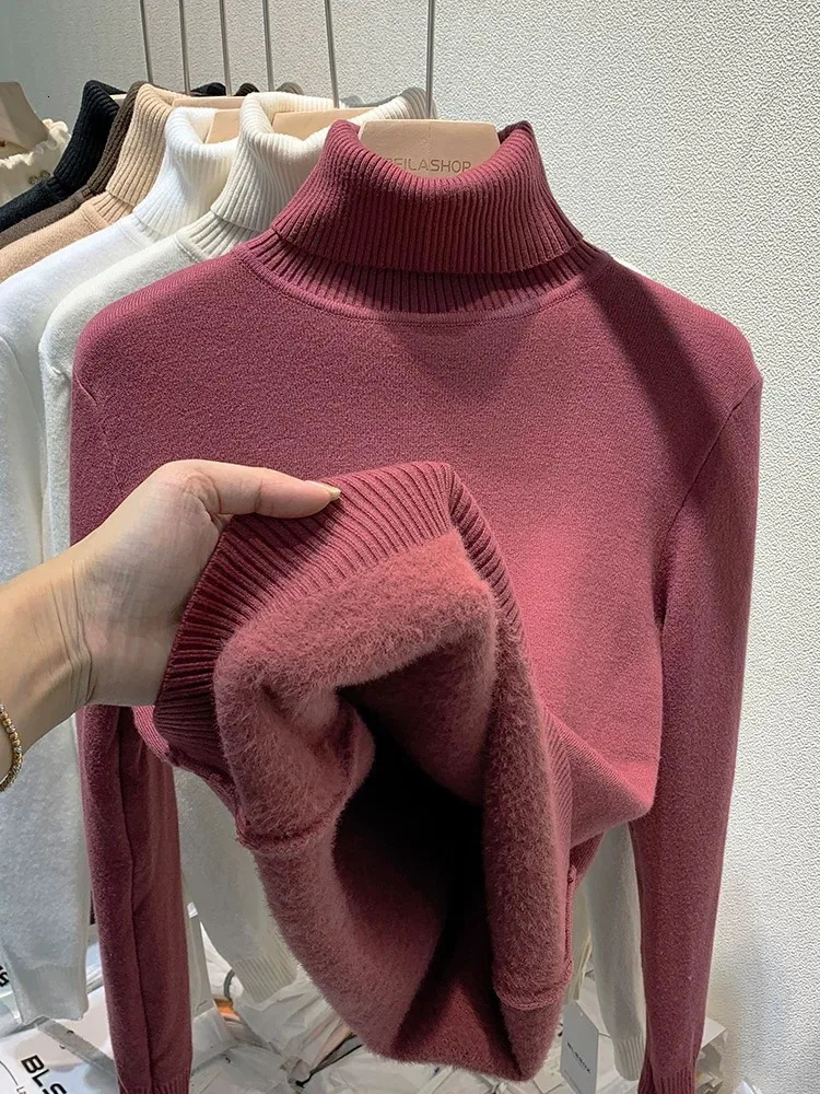 Turtleneck Winter Sweater Womens Elegant Thick Velvet Lining Warm Suede Knitted Lanhua Ultra Thin Top y241211
