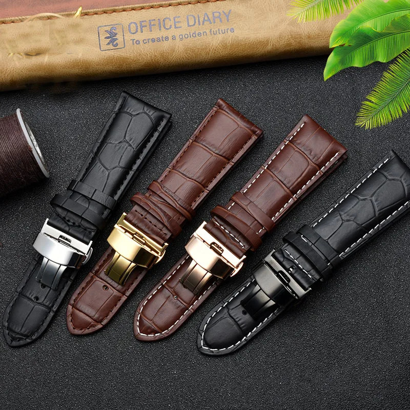 23mm 24mm 26mm 28mm wide black brown butterfly buckle mens alligator leather strap bracelet free delivery 241218