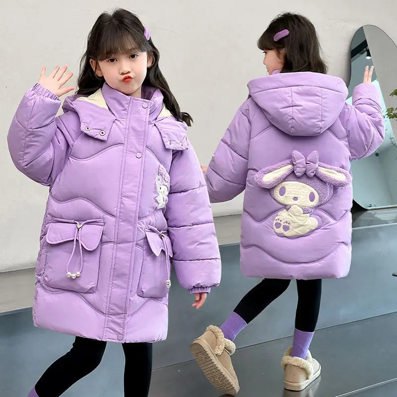 My Melody Girls Medium Long Warm Down Jacket Winter Children Cartoon Hooded Skiing Windproof Coat Teen Princess Outerwear 241218