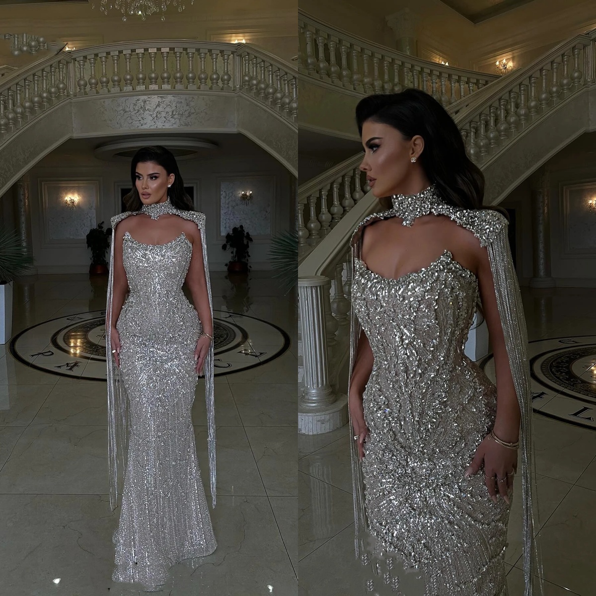 Evening Dresses For Women Strapless Sleeveless Jacket Gown Crystal Sequins Tassel Sweep Train Customized Dress Party