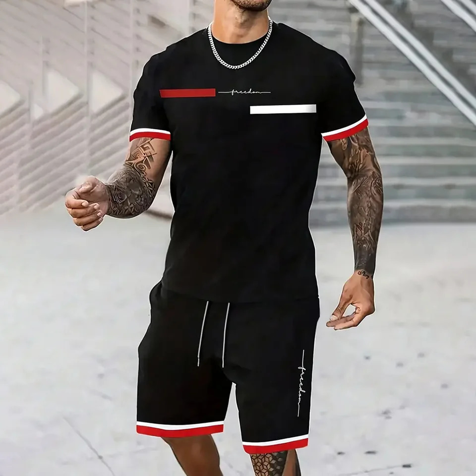 Summer Casual Round Neck ShortSleeved TShirt Fashion Shorts Suits Summer Loose Mens TwoPiece Sets Sportwear 2024 n 241218