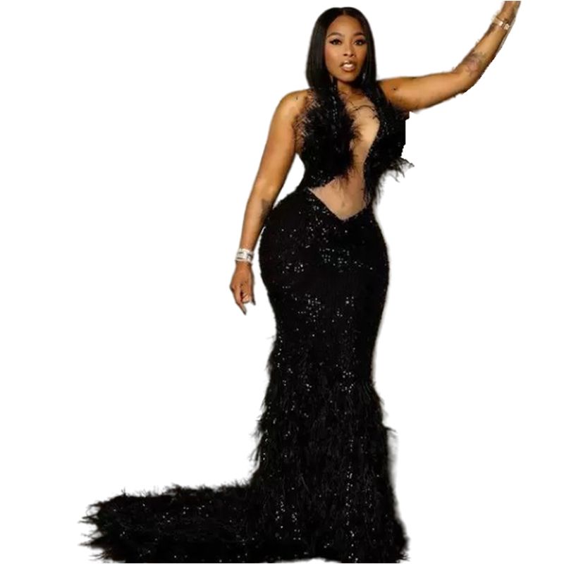 2025 Ao Ebi Sexy Mermaid Prom Dree Elatic Glitter Black Sequined Feather Long Pageant Evening Gown Illuion Tranparent African Women Brithday Party