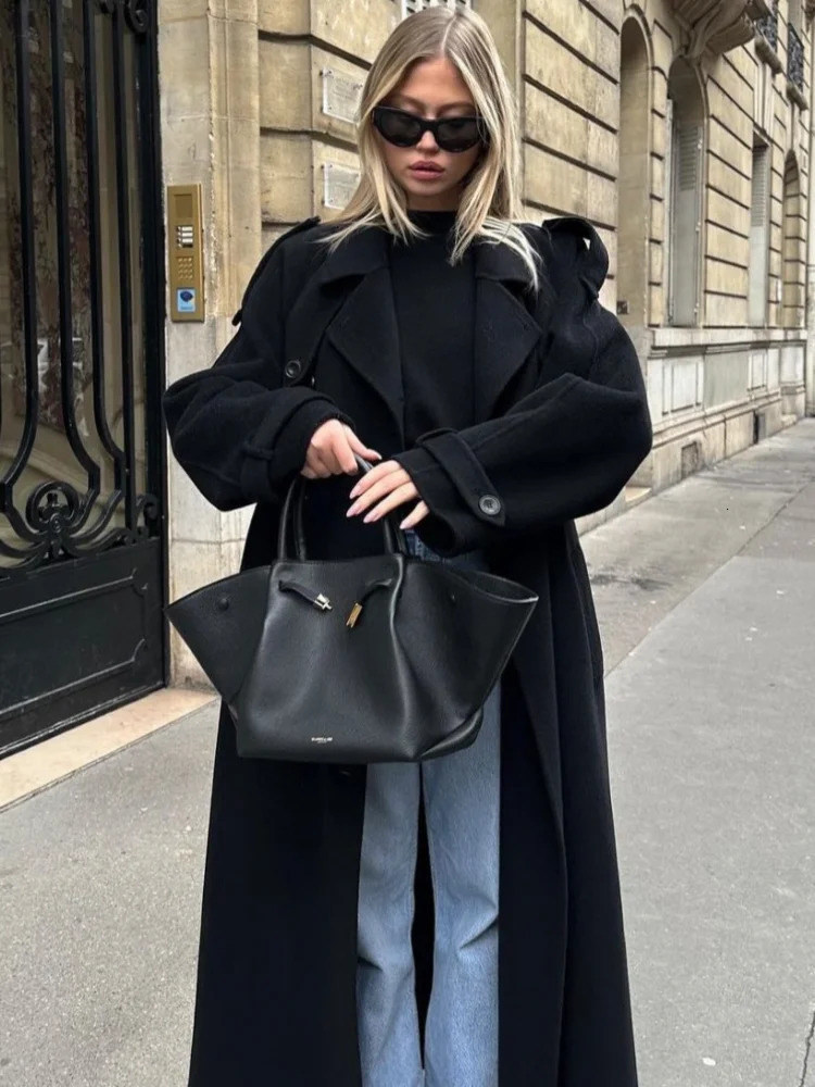 Elegant With Belt Black Long Coat For Women Oversize Woolen Double Button Lapel Overcoat Autumn Lady High Street Outerwear 241227