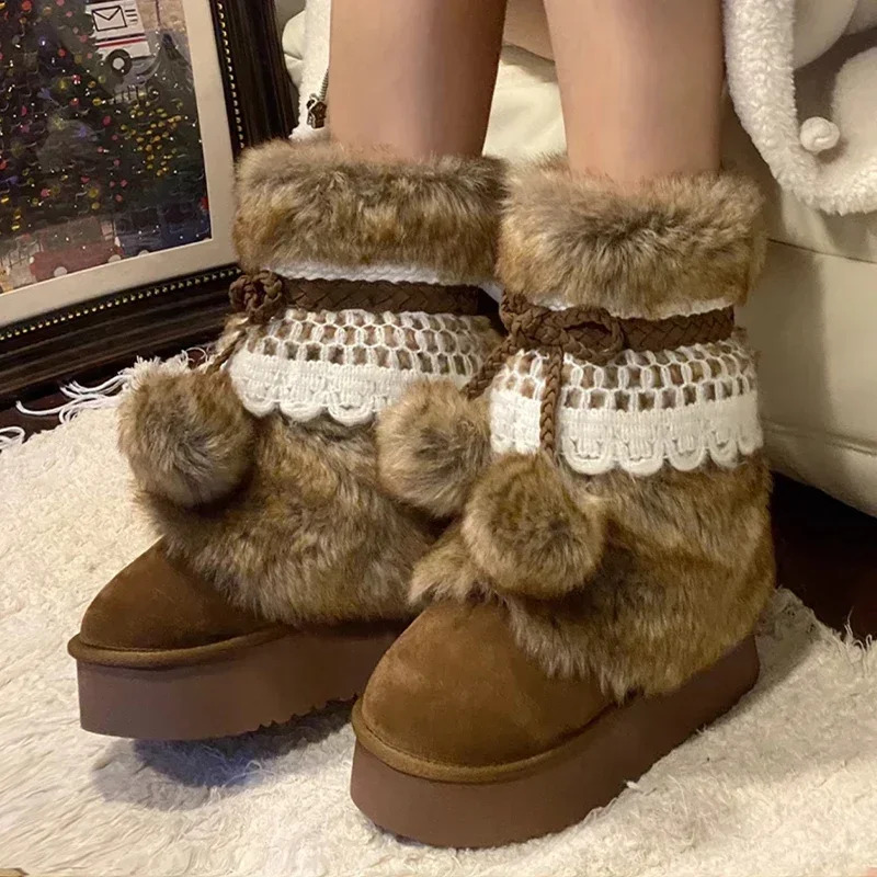 New Butterfly Knot Fur Snow Boots Women's Flat Heels Designer Winter Suede Flat Shoes Warm 2025 New Brand Fashion Sweet