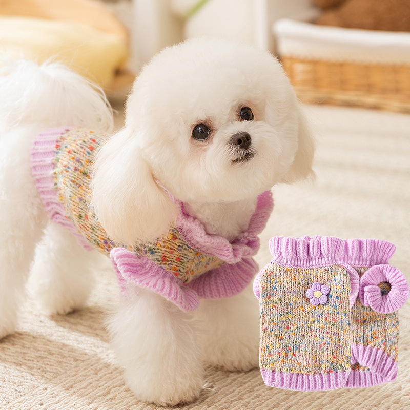 Autumn and winter pet clothes, dotted with colorful yarn, small flower sweaters, comfortable and warm dog clothes HS42