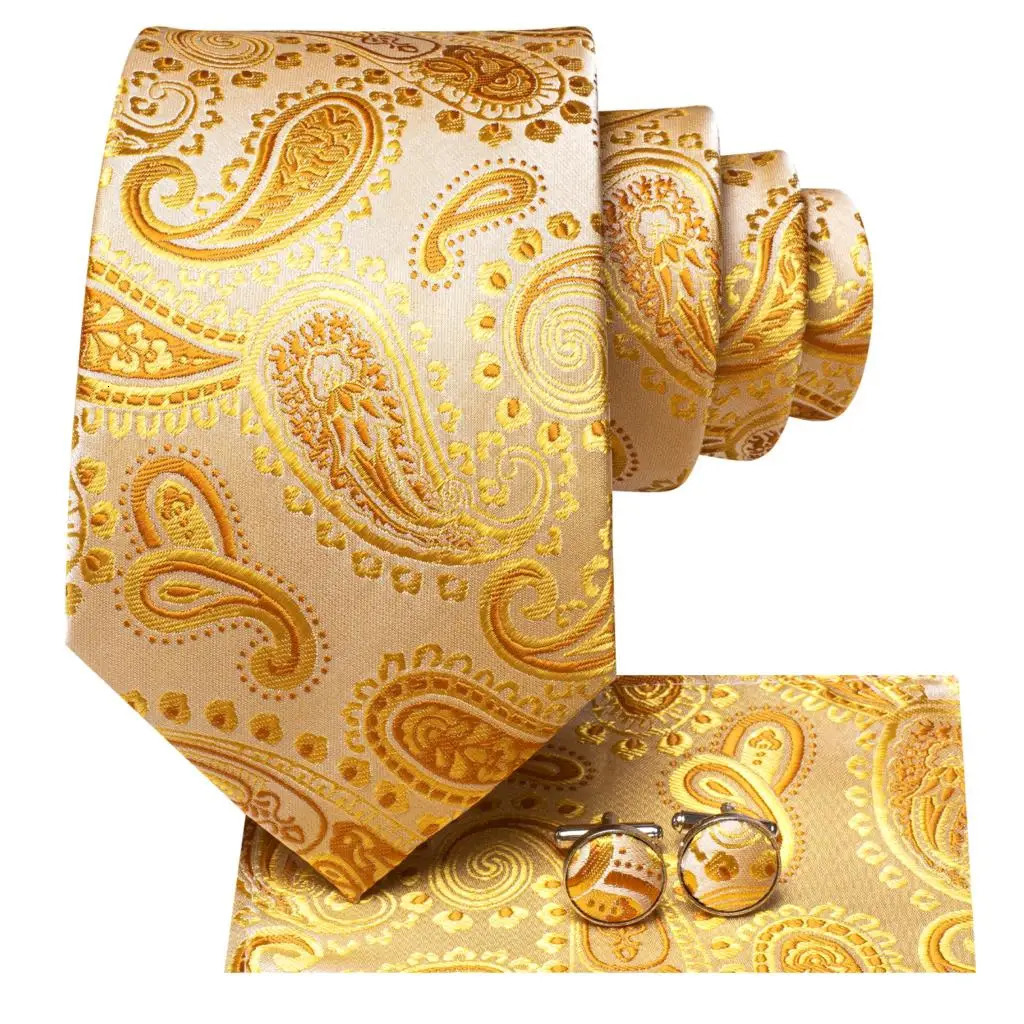 Elegent Tie for Men Yellow Gold Paisley Fashion Wedding Party Necktie Handky Cufflinks Wholesale Hi-Tie 241219