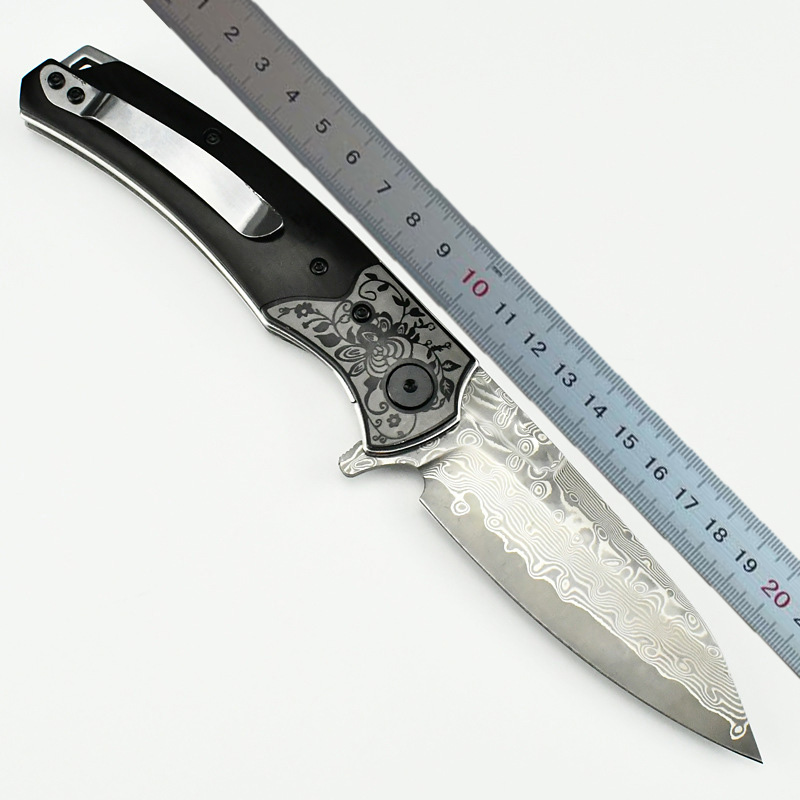 Topq Quality Flipper Folding Knife Damascus Tanto Blade Wood with Steel Handle Ball Bearing Outdoor EDC Pocket Knives