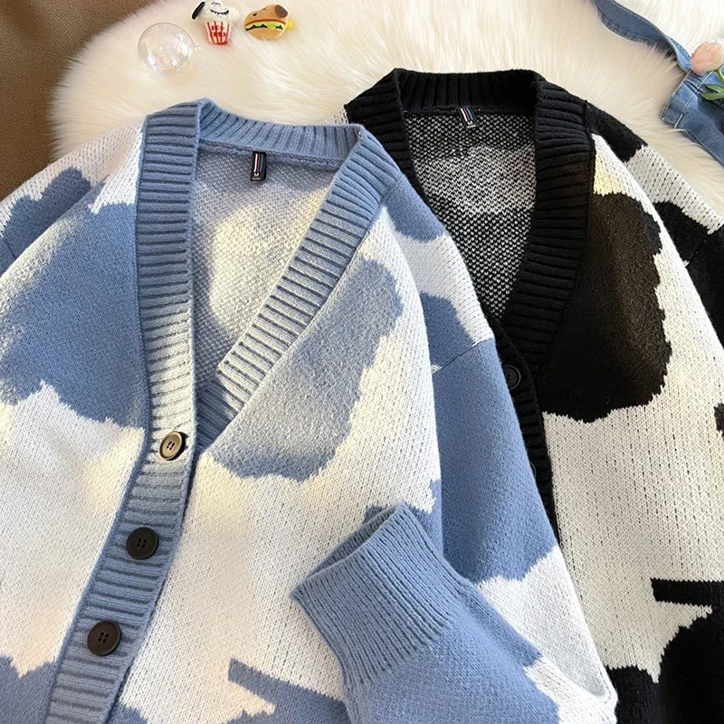 Korean Version Comfortable Breathable Mens V-neck Cardigan Sweater Autumn Winter Color Blocked Printed Knitted Jacket 241218
