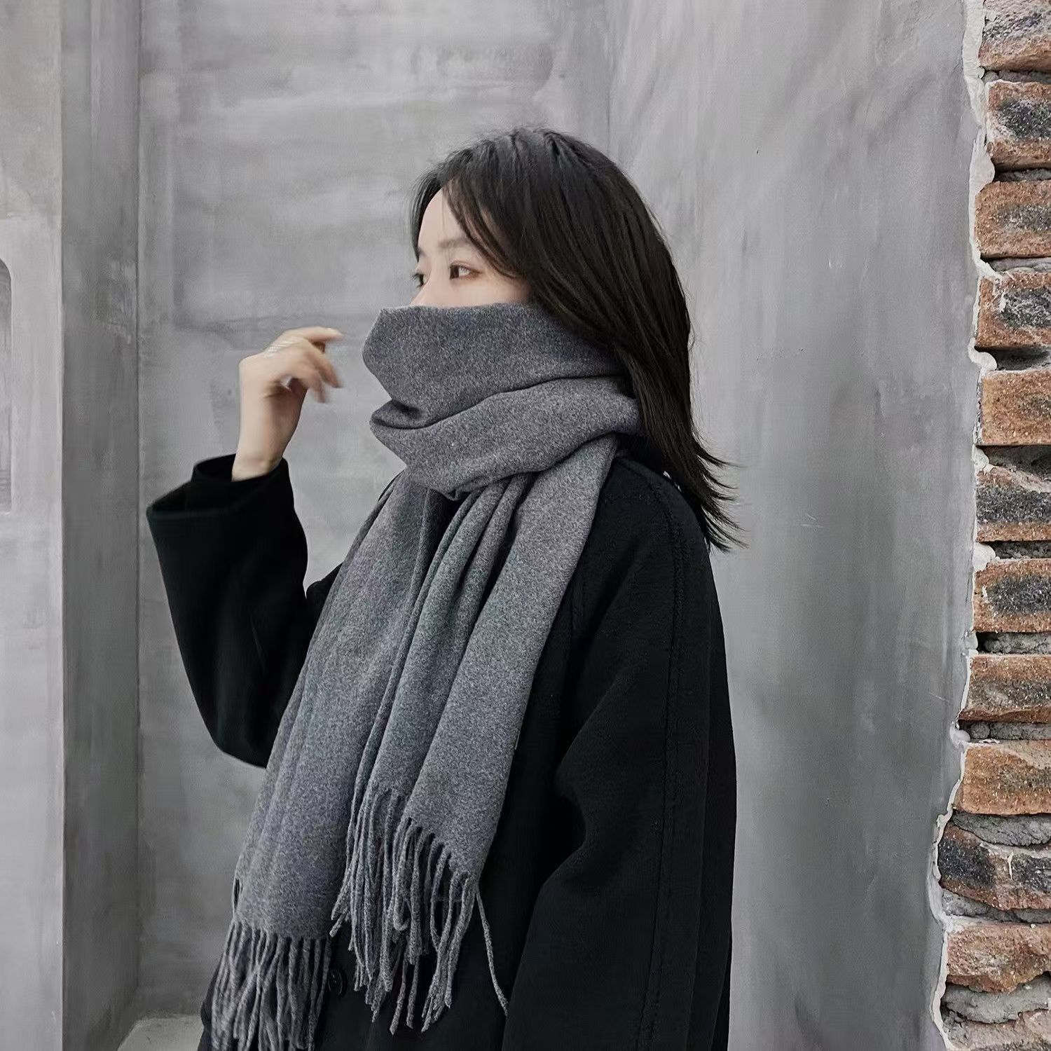 T015 Winter solid color thick warm scarf dual-purpose versatile Korean style neck cashmere fashion shawl